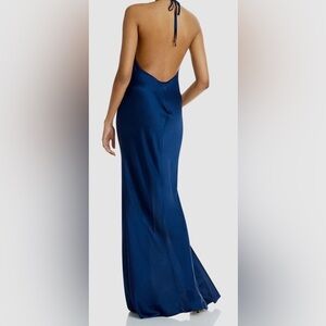 NWT RAMY BROOK Dark Navy Blue Plunging Neckline Halter Tie Valentina Gown Sz 16